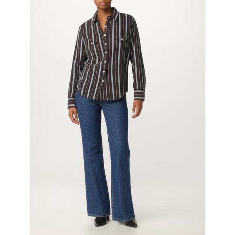 THE GREAT Snap Collar Western Shirt Brown Blue Stripe Pearl Snaps Cowgirl West